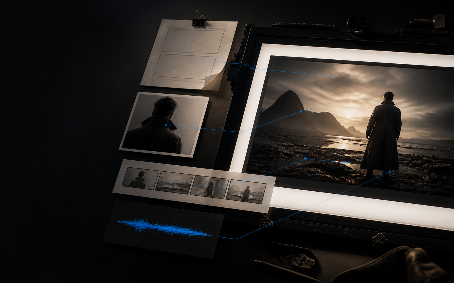 Prompt, image, storyboard, and audio references converging into a cinematic video sequence